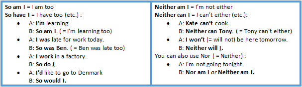 Too/ either /so am I/ Neither do I etc