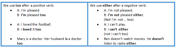 Too/ either /so am I/ Neither do I etc